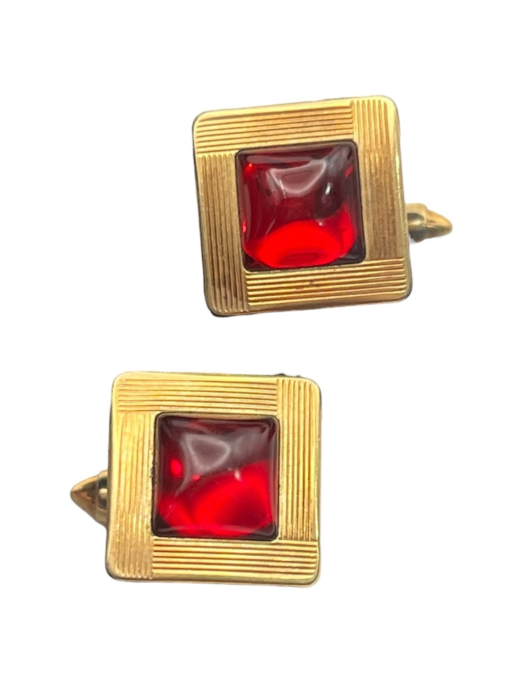 Krementz red lucite gold tone square textured vintage MCM cufflinks